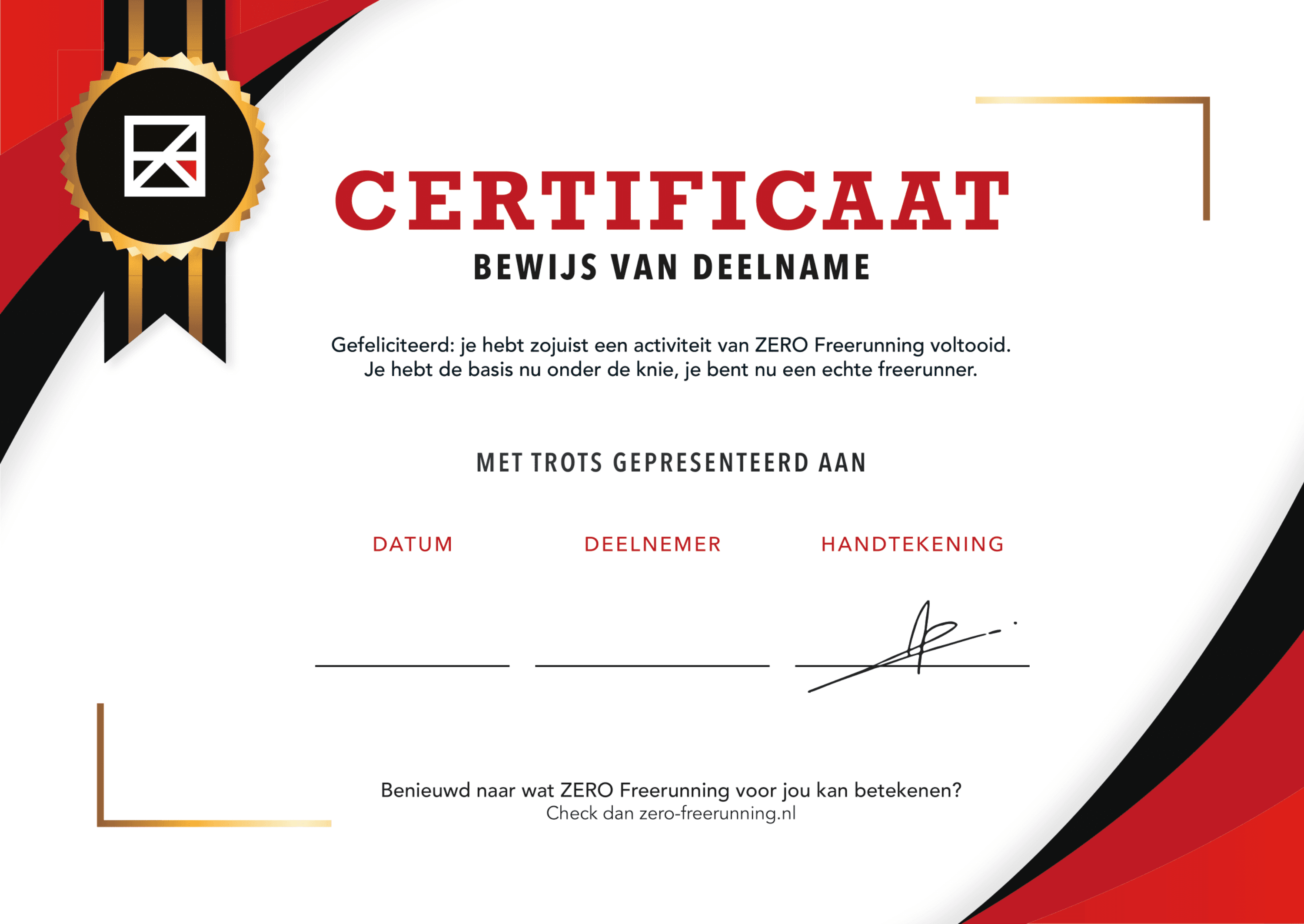 ZERO Freerunning certificaat als bewijs van deelname